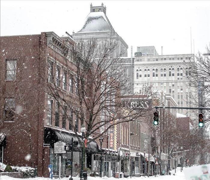 Snow covered buildings in Downtown Greensboro, North Carolina.