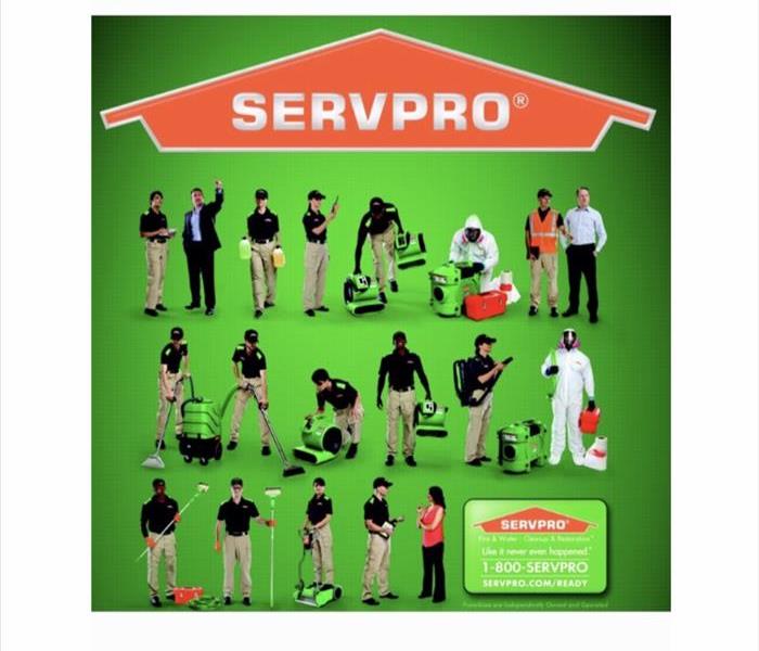 SERVPRO logo, SERVPRO employees with SERVPRO equipment 